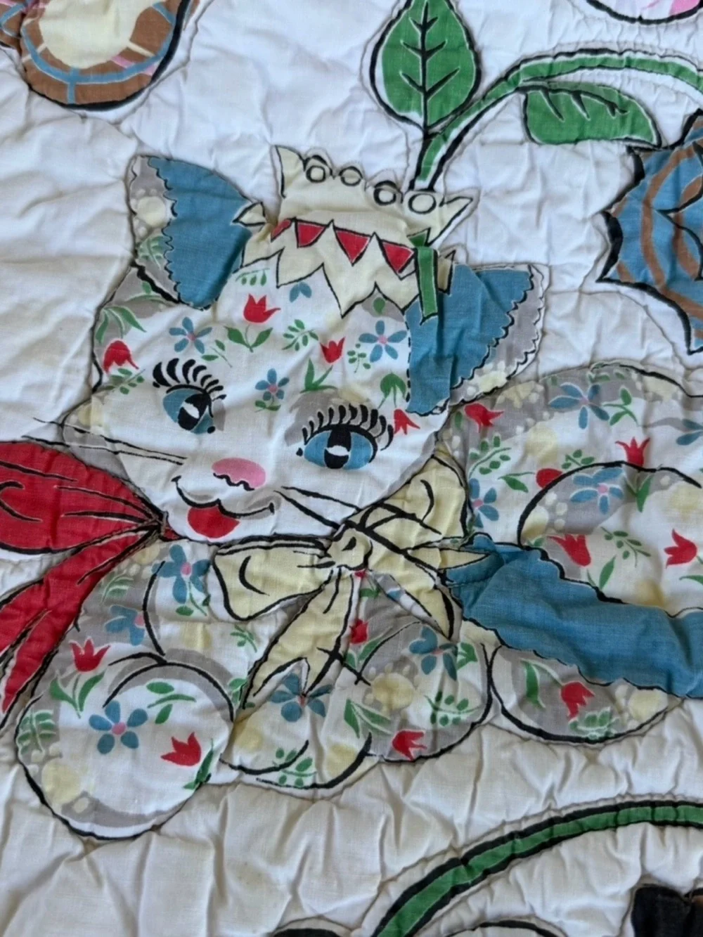 VTG Mid Century Animal Crib Blanket Puppy Kitty Bunny Flower Yellow Cutter 38x44